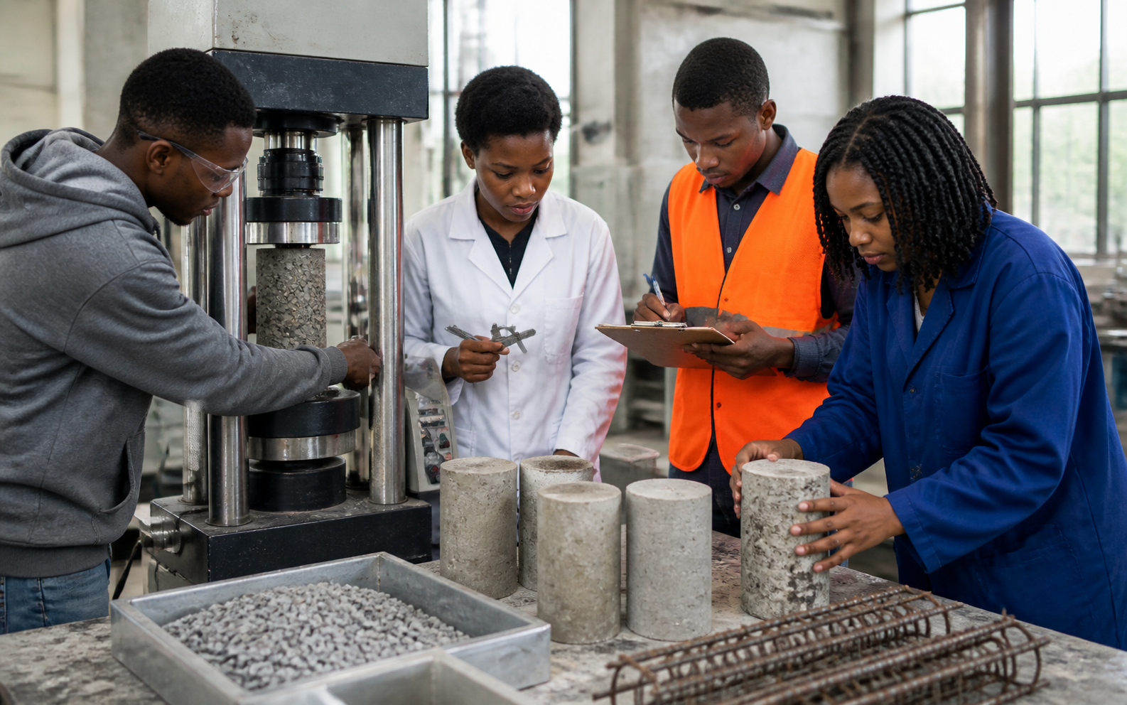 Students testing concrete samples in the Materials and Structures laboratory